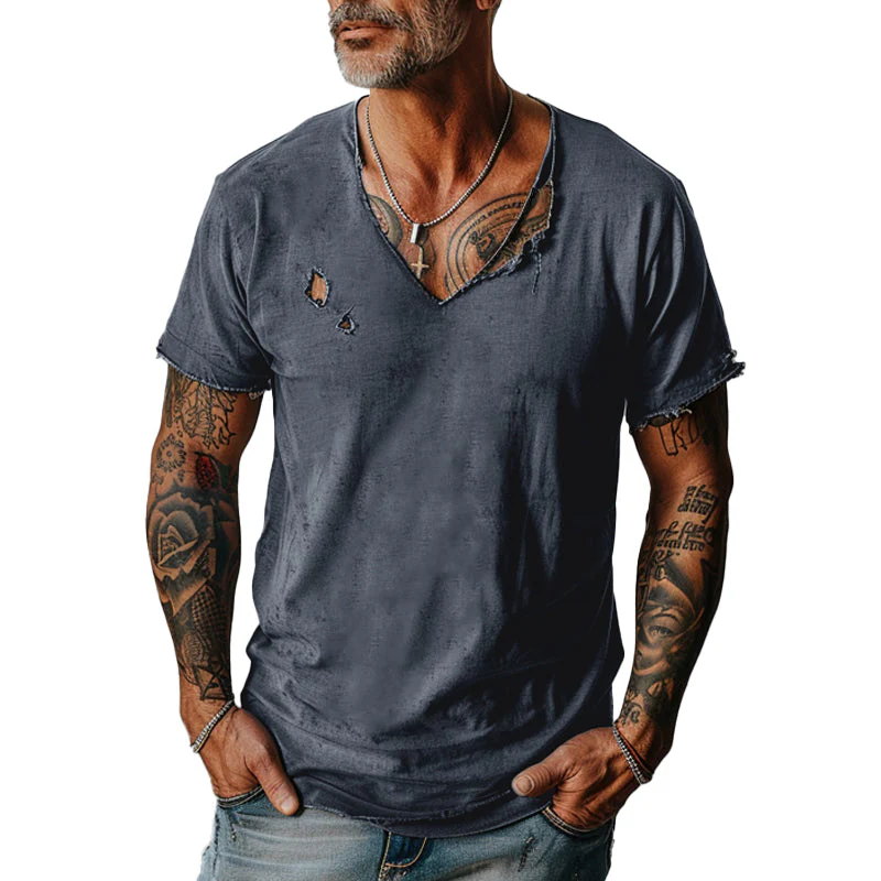 Men's Distressed Ripped Raw Edge V-Neck Short-Sleeved T-Shirt - Image 3
