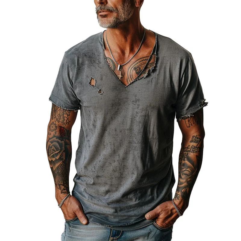 Men's Distressed Ripped Raw Edge V-Neck Short-Sleeved T-Shirt - Image 6