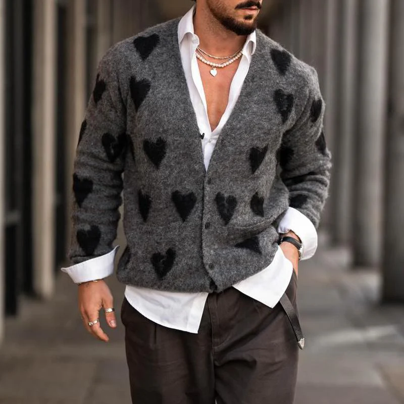 Men's Fashion Heart Graphic V Neck Single Breastednit Cardigan - Image 2