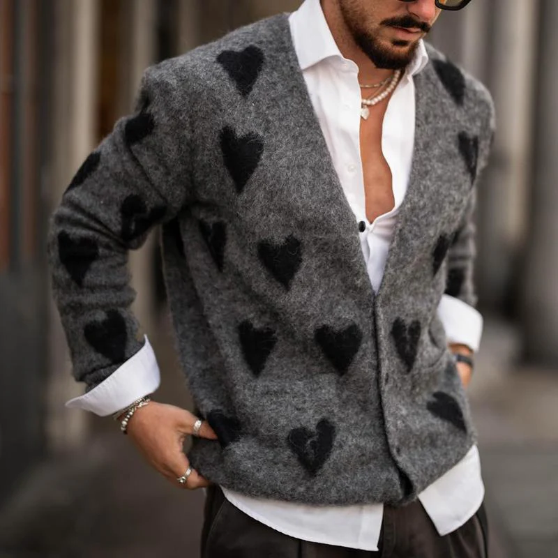 Men's Fashion Heart Graphic V Neck Single Breastednit Cardigan - Image 3