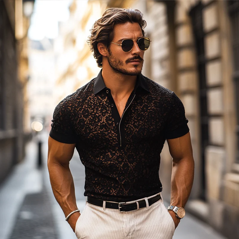 Men's Fashion Lace Lapel Short Sleeve Casal Polo Shirt - Image 2