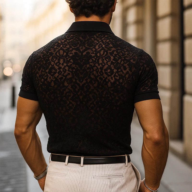 Men's Fashion Lace Lapel Short Sleeve Casal Polo Shirt - Image 3