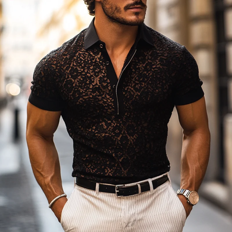 Men's Fashion Lace Lapel Short Sleeve Casal Polo Shirt - Image 4
