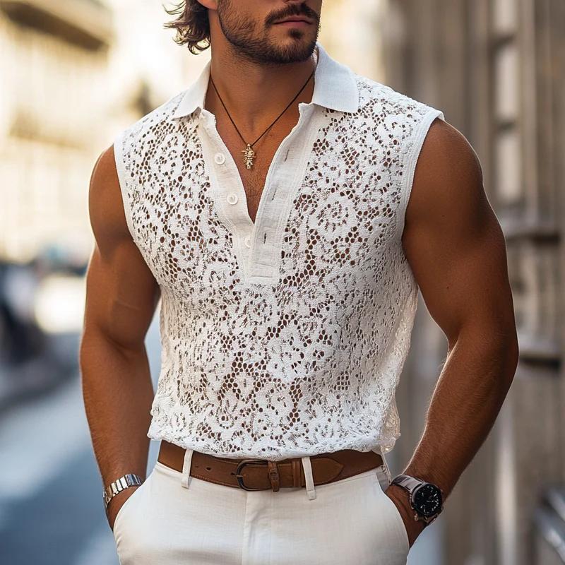 Men's Fashion Lace Lapel Sleeveless Casal Tank p - Image 5