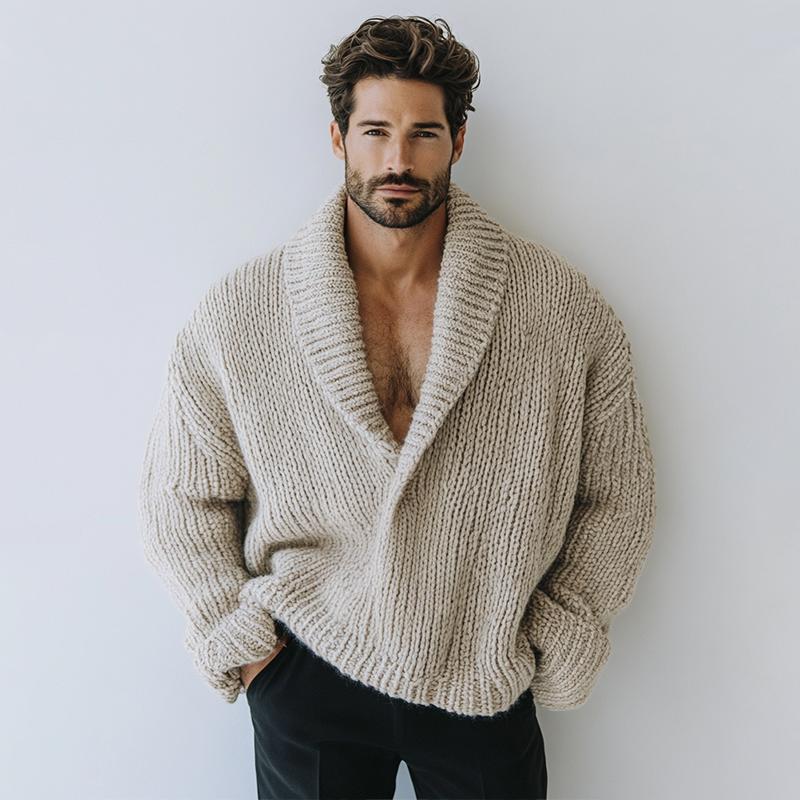 Men's Fashion Oversize Style Solid Color Lapel Long Sleeve Casalnit Sweater