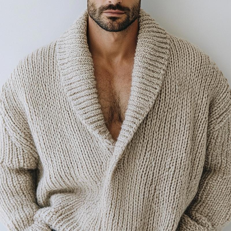 Men's Fashion Oversize Style Solid Color Lapel Long Sleeve Casalnit Sweater - Image 2