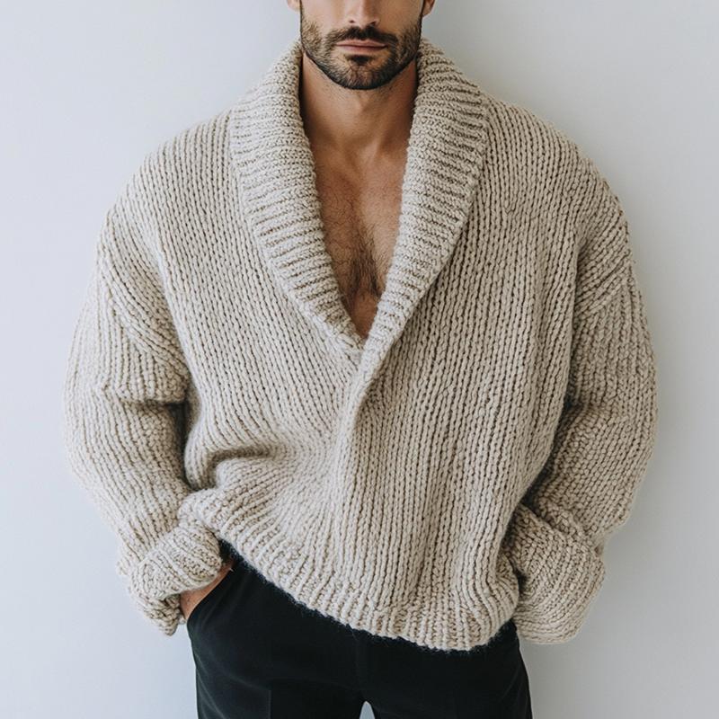 Men's Fashion Oversize Style Solid Color Lapel Long Sleeve Casalnit Sweater - Image 3