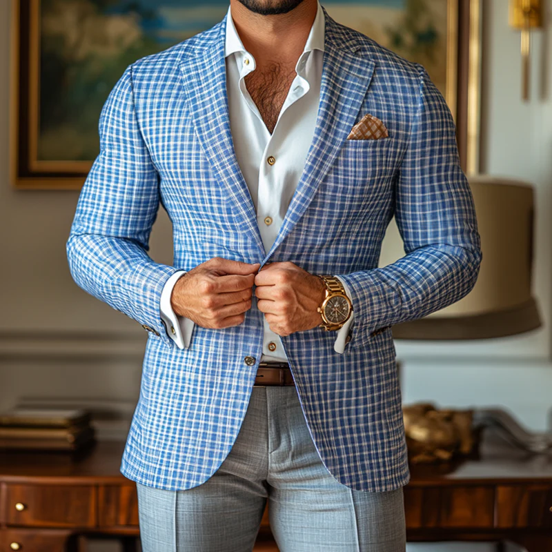 Men's Fashion Spring Smmer Checked Notch Lapel Two Btns Blazer - Image 2