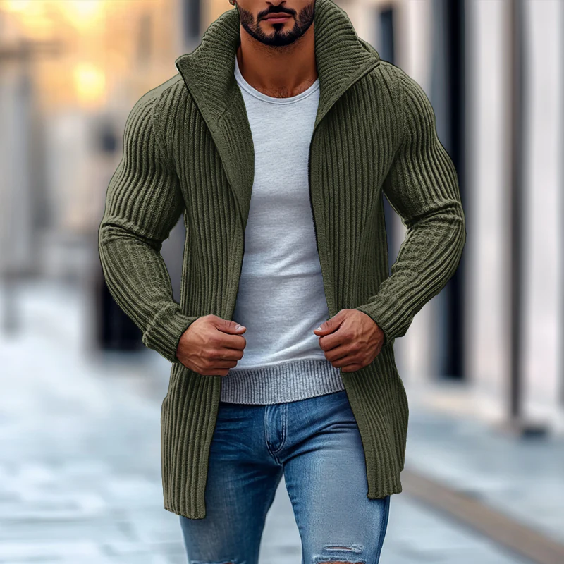 Men's Fashion Stand Collar Solid Striped Long Sleeve Mid-length Knit Cardigan - Image 11