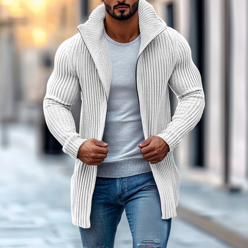 Men's Fashion Stand Collar Solid Striped Long Sleeve Mid-length Knit Cardigan - Image 9