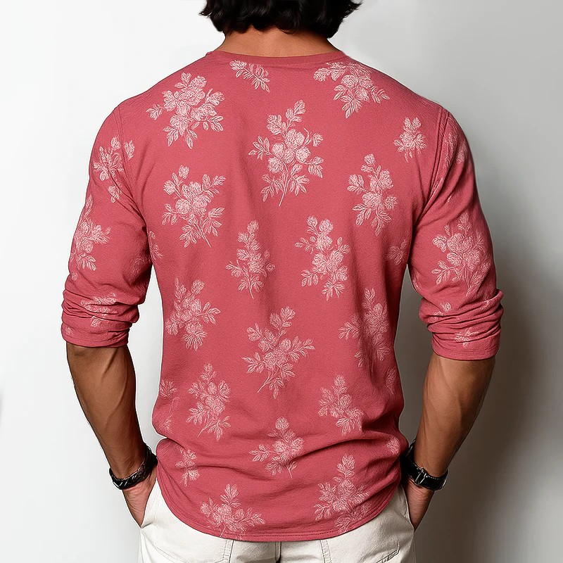 Men's Floral Henley Collar Long Sleeve T-shirtZ - Image 2