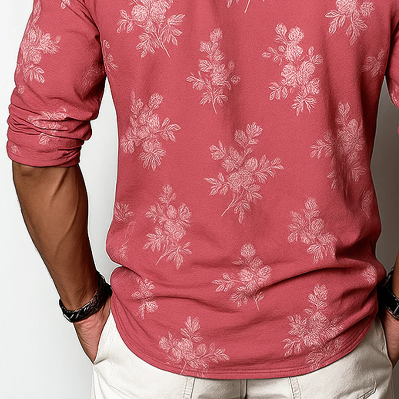 Men's Floral Henley Collar Long Sleeve T-shirtZ - Image 3