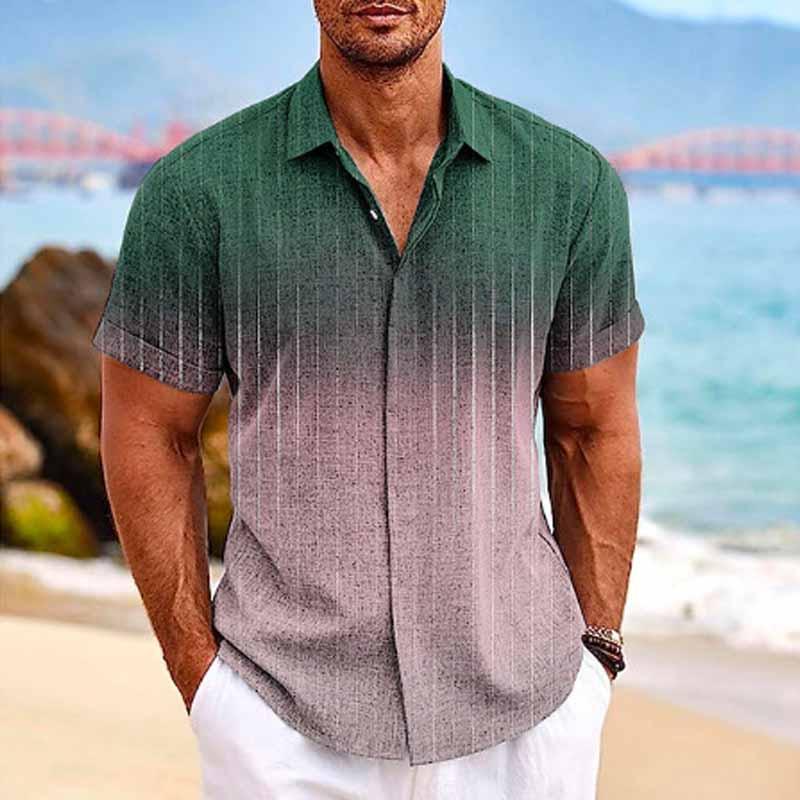Men's Hawaiian Ombre Print Lapel Short Sleeve Shirt - Image 3