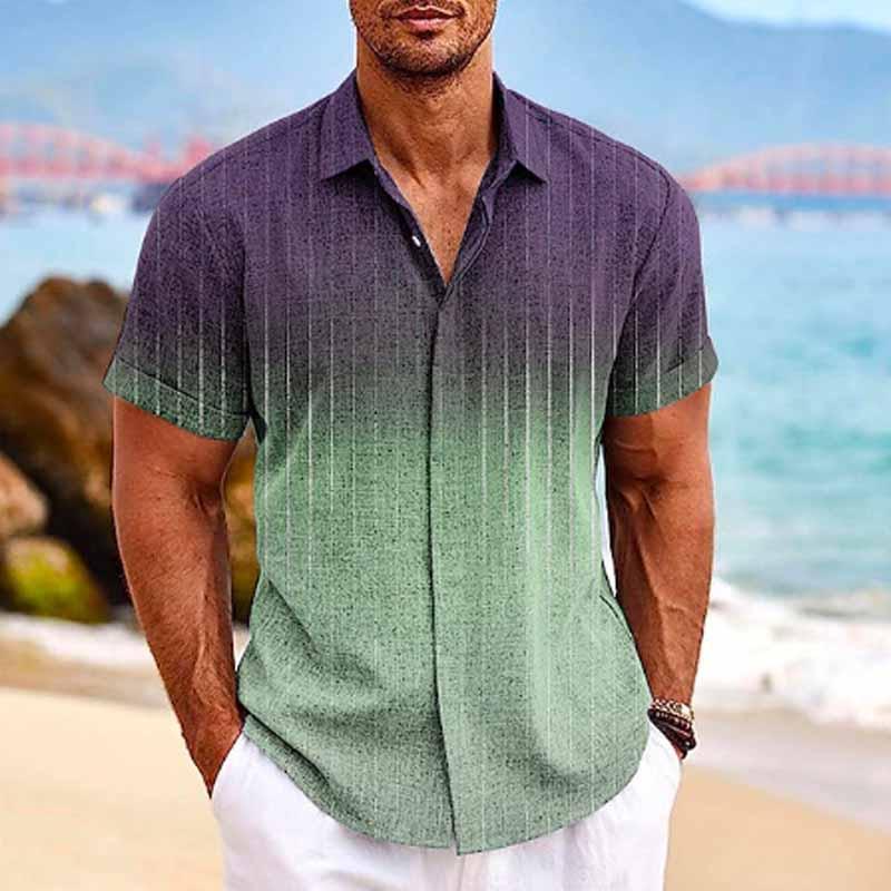 Men's Hawaiian Ombre Print Lapel Short Sleeve Shirt - Image 4