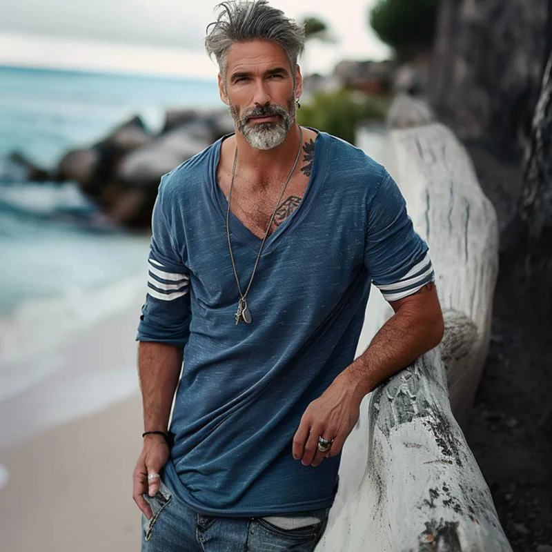 Men's Loose V-Neck Striped Patchwork Cotn Long-Sleeved T-Shirt - Image 2