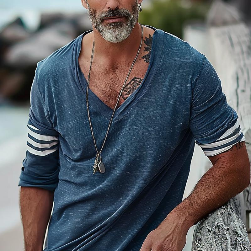 Men's Loose V-Neck Striped Patchwork Cotn Long-Sleeved T-Shirt - Image 3
