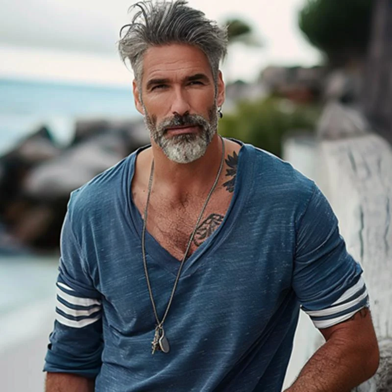 Men's Loose V-Neck Striped Patchwork Cotn Long-Sleeved T-Shirt - Image 4