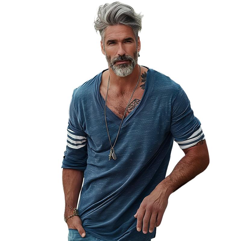 Men's Loose V-Neck Striped Patchwork Cotn Long-Sleeved T-Shirt - Image 6