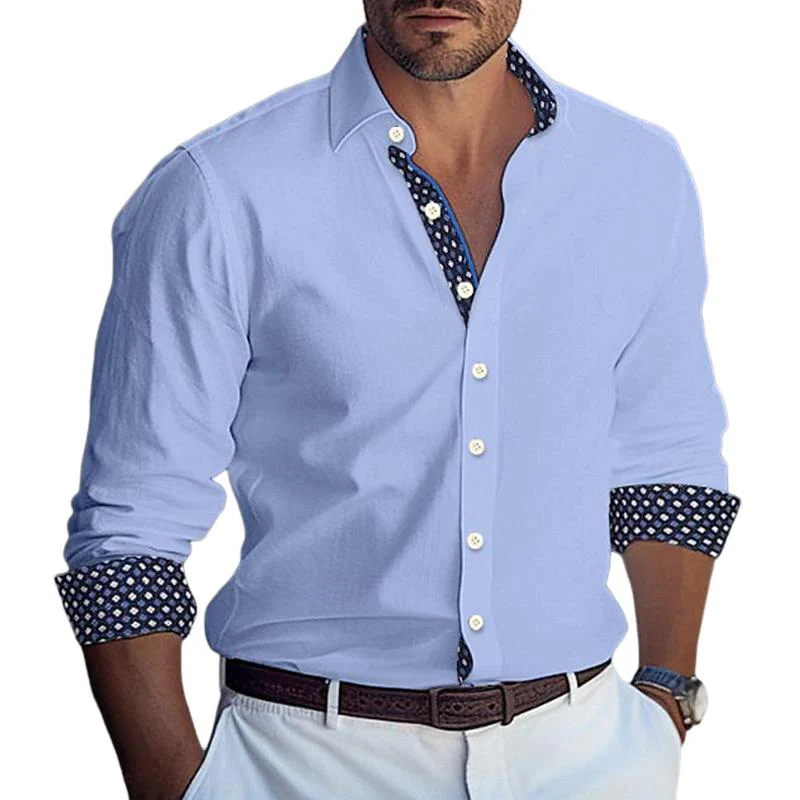 Men's Printed Colorblock Lapel Cotn Blend Long Sleeve Shirt - Image 2