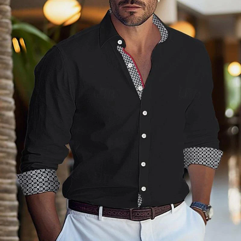 Men's Printed Colorblock Lapel Cotn Blend Long Sleeve Shirt - Image 3