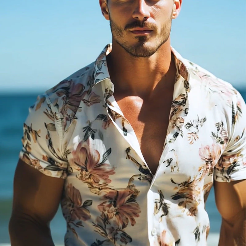 Men's Retro Casal Beach Hawaiian Floral Lapel Short Sleeve Shirt - Image 2