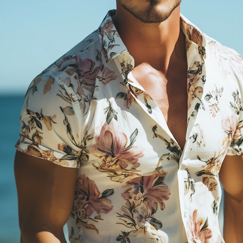 Men's Retro Casal Beach Hawaiian Floral Lapel Short Sleeve Shirt - Image 3