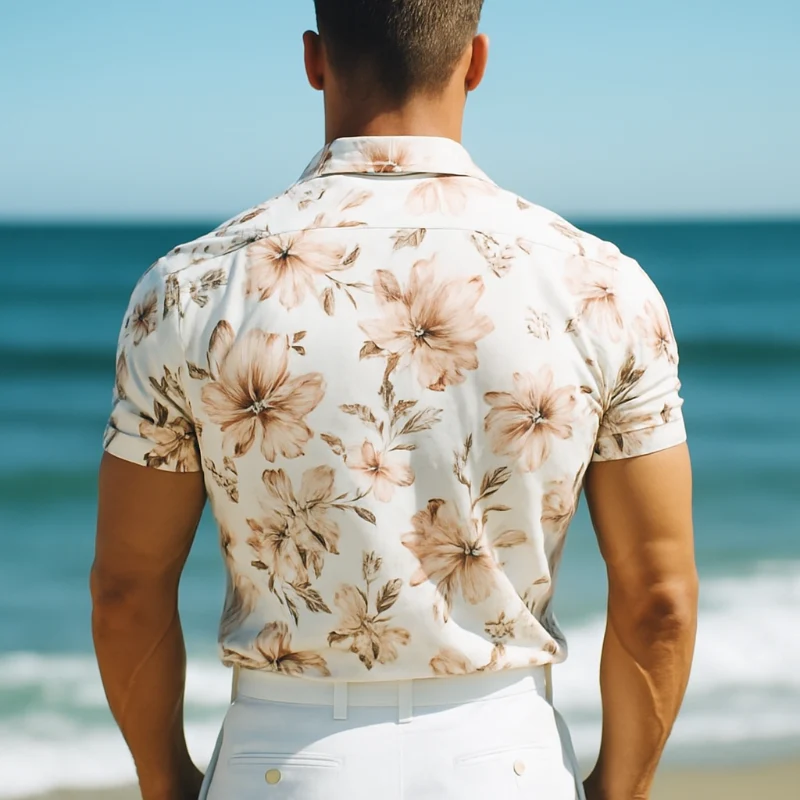 Men's Retro Casal Beach Hawaiian Floral Lapel Short Sleeve Shirt - Image 4