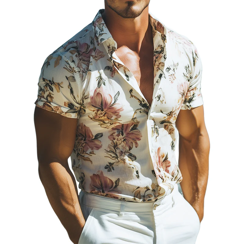 Men's Retro Casal Beach Hawaiian Floral Lapel Short Sleeve Shirt - Image 6