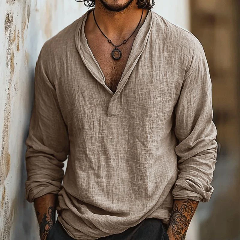 Men's Retro Casal Cotn and Linen Long Sleeve Shirt - Image 2