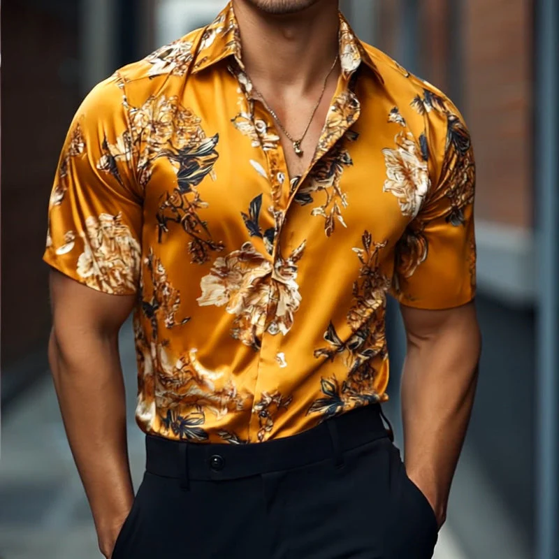 Men's Retro Casal Printed Floral Lapel Short Sleeve Shirt - Image 2