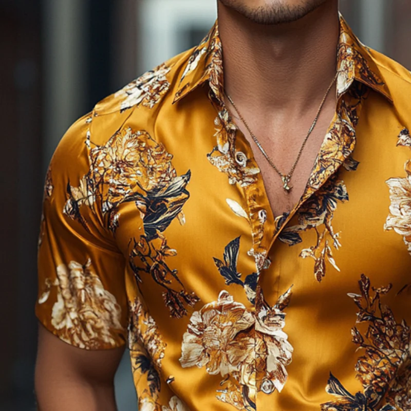 Men's Retro Casal Printed Floral Lapel Short Sleeve Shirt - Image 4