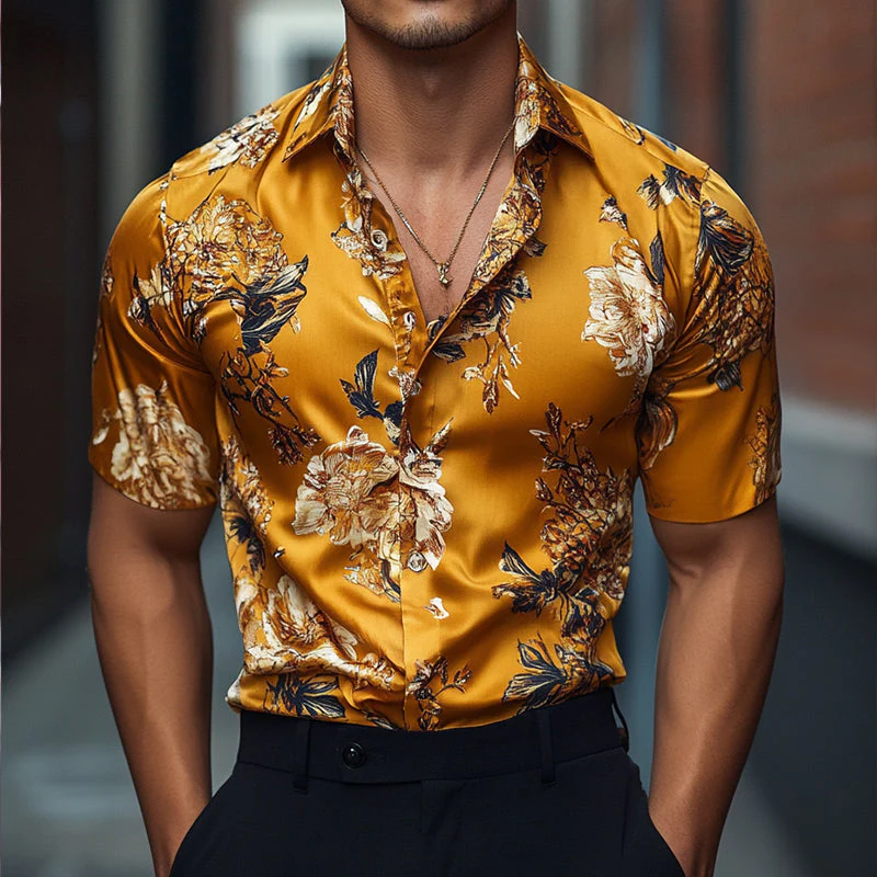 Men's Retro Casal Printed Floral Lapel Short Sleeve Shirt - Image 5