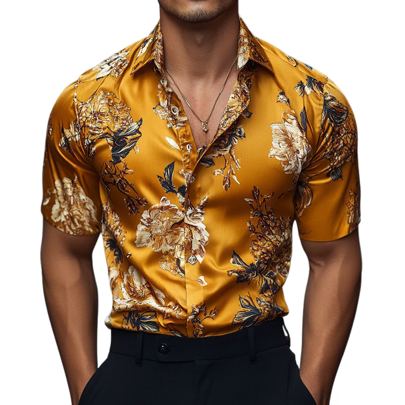 Men's Retro Casal Printed Floral Lapel Short Sleeve Shirt - Image 6