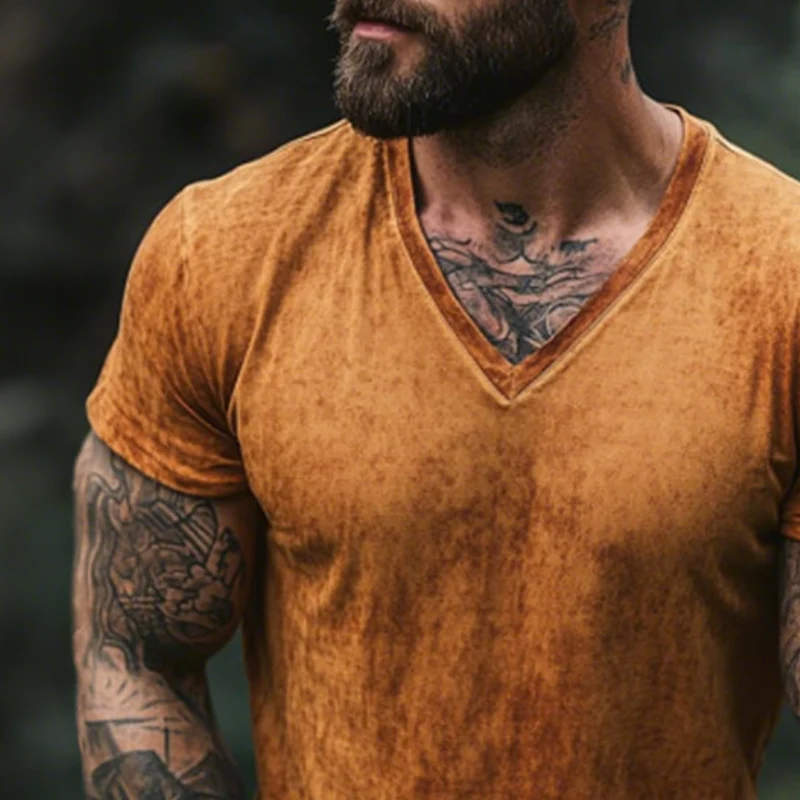 Men's Retro Casal Shabby Printed V-Neck Short Sleeve T-Shirt - Image 2