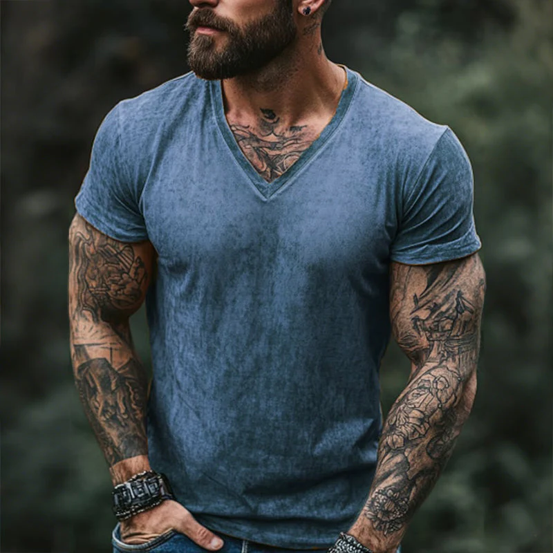 Men's Retro Casal Shabby Printed V-Neck Short Sleeve T-Shirt - Image 4