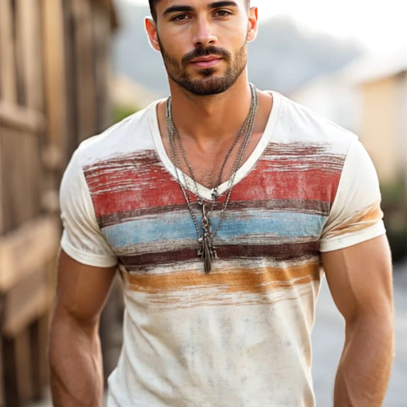 Men's Retro Casal Shabby Striped Printed V-Neck Short Sleeve T-Shirt - Image 5