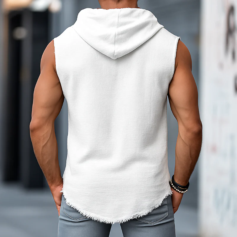 Men's Retro Casal Solid Color Linen Raw Edge Hooded Tank pTAF