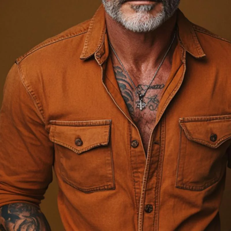 Men's Retro Casual Solid Pocket Long Sleeve Shirt - Image 2