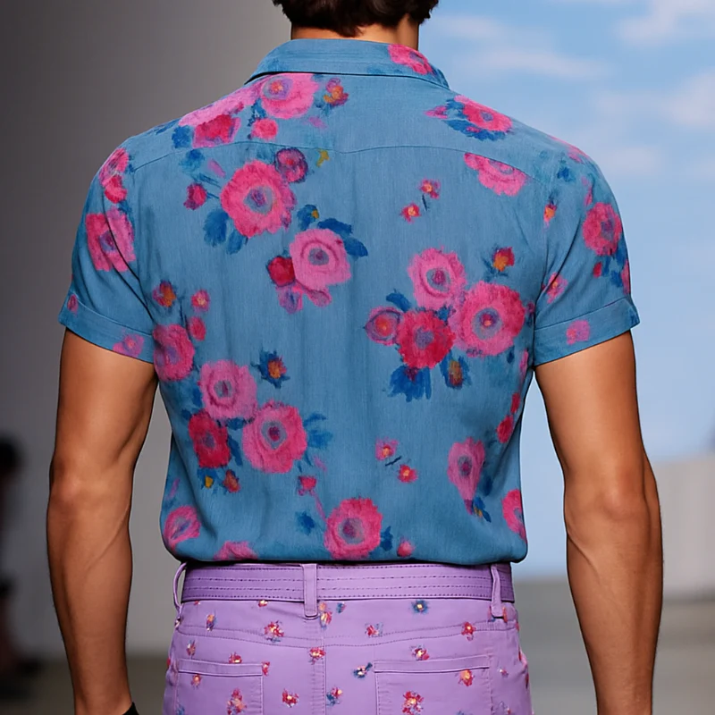 Men's Retro Casalesh Printed Floral Lapel Short Sleeve Shirt - Image 2