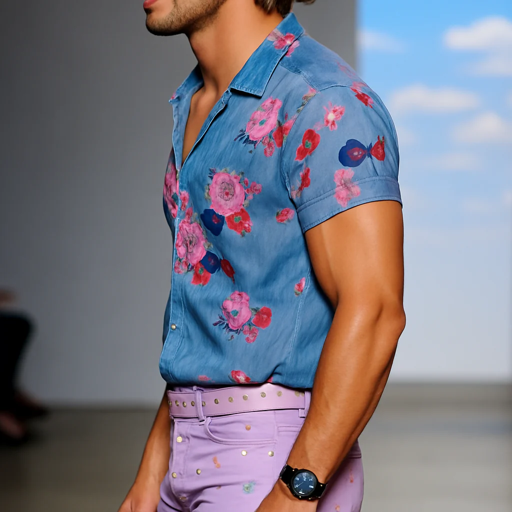 Men's Retro Casalesh Printed Floral Lapel Short Sleeve Shirt - Image 3