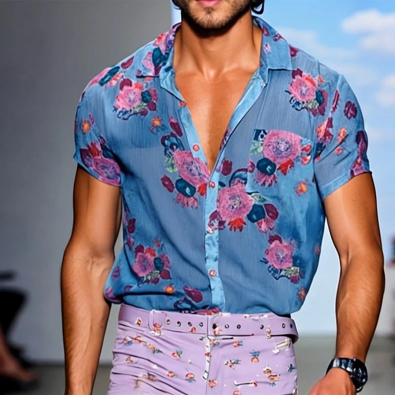 Men's Retro Casalesh Printed Floral Lapel Short Sleeve Shirt - Image 4