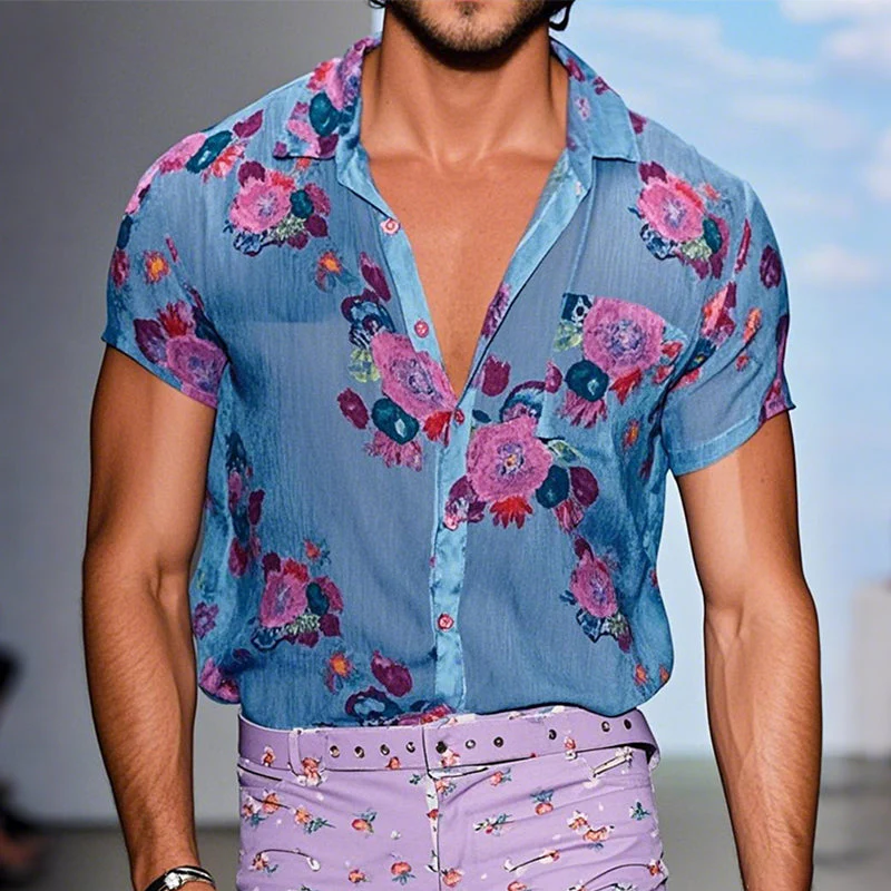 Men's Retro Casalesh Printed Floral Lapel Short Sleeve Shirt - Image 5