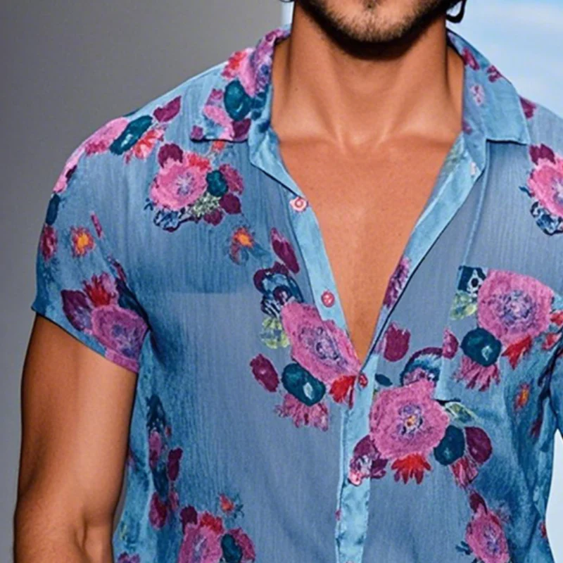 Men's Retro Casalesh Printed Floral Lapel Short Sleeve Shirt - Image 6