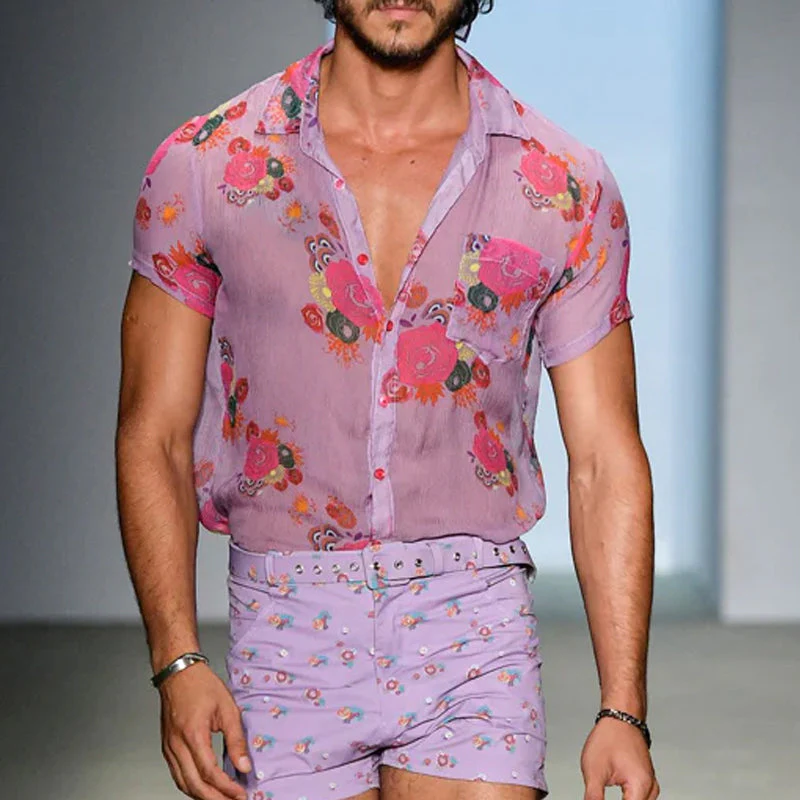 Men's Retro Casalesh Printed Floral Lapel Short Sleeve Shirt - Image 7