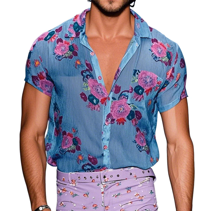 Men's Retro Casalesh Printed Floral Lapel Short Sleeve Shirt - Image 8