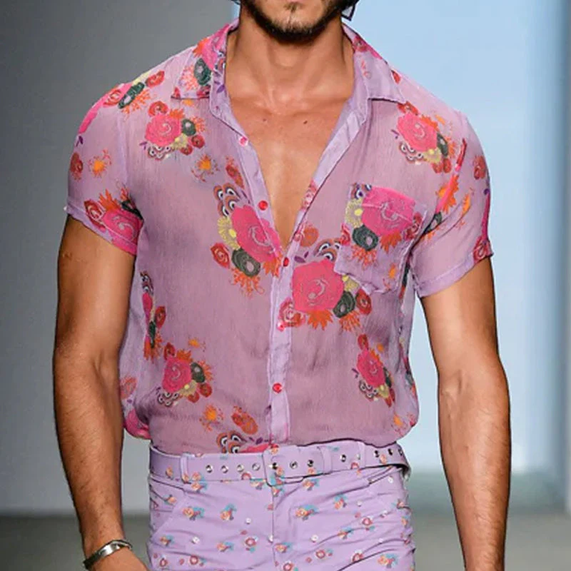 Men's Retro Casalesh Printed Floral Lapel Short Sleeve Shirt - Image 9