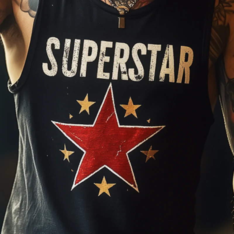 Men's Retro "SPERSTAR" Print Casal Crew Neck Tank p - Image 3