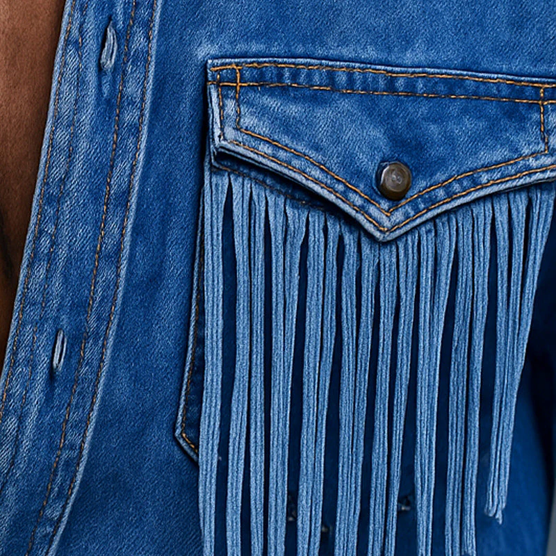 Men's Retro Western Cowboy Tassel Stitching DeniLong Sleeve Shirt - Image 2
