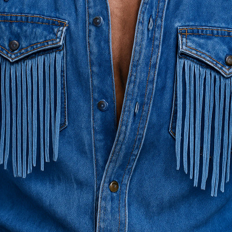Men's Retro Western Cowboy Tassel Stitching DeniLong Sleeve Shirt - Image 3