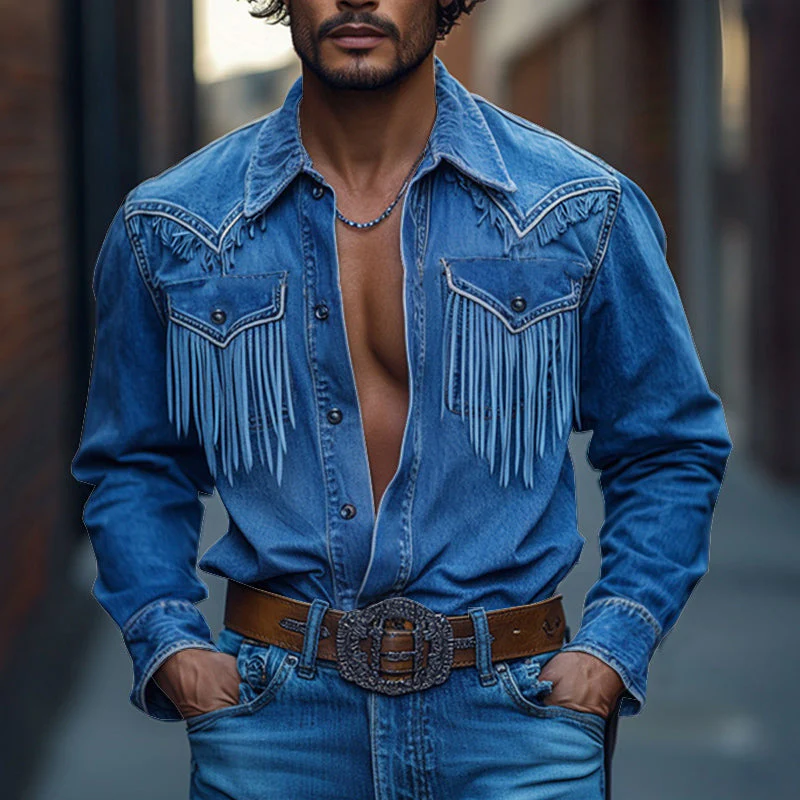 Men's Retro Western Cowboy Tassel Stitching DeniLong Sleeve Shirt - Image 4